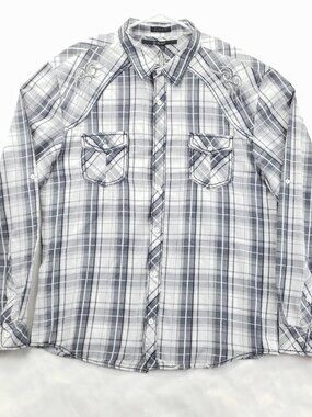CJ Black Shirt Mens 2XL Gray White Plaid Embroidered Cross Slim Fit Button-Up